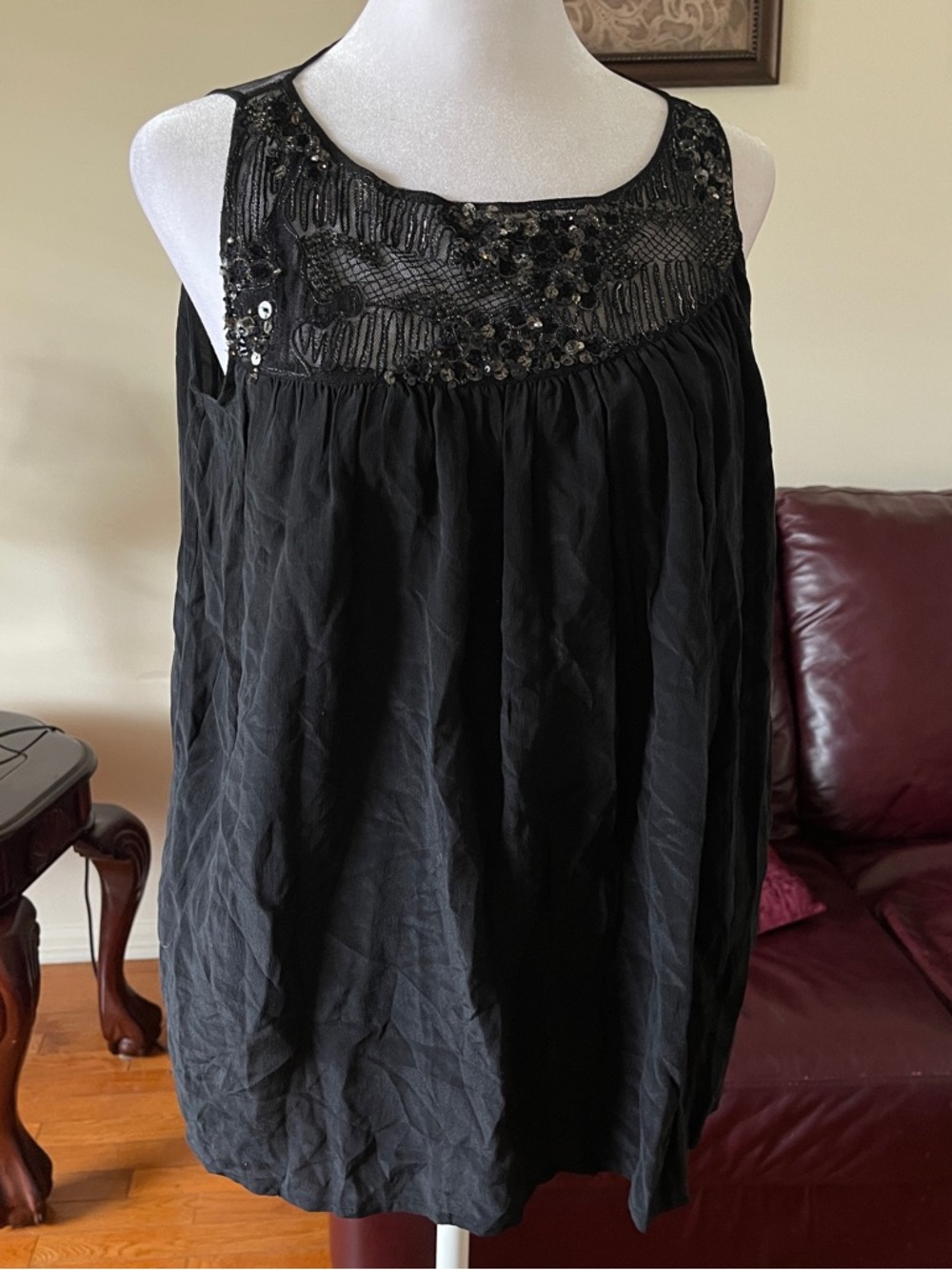 Anthropologie Saivana Black Sheer Mesh Sequin Yoke Sleeveless Blouse Top
